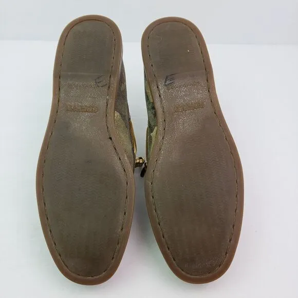 Sperry Top Sider Womens Size 10 Green Gold Camo Leather Slip On Loafer Boat Shoe
