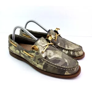 Sperry Top Sider Womens Size 10 Green Gold Camo Leather Slip On Loafer Boat Shoe