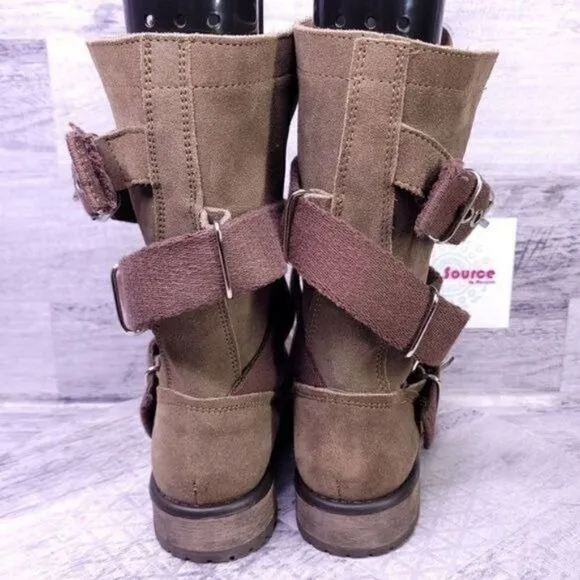 Steve Madden Burke Canvas Buckle Strap Suede Moto Boot Brown Women's sz 6.5