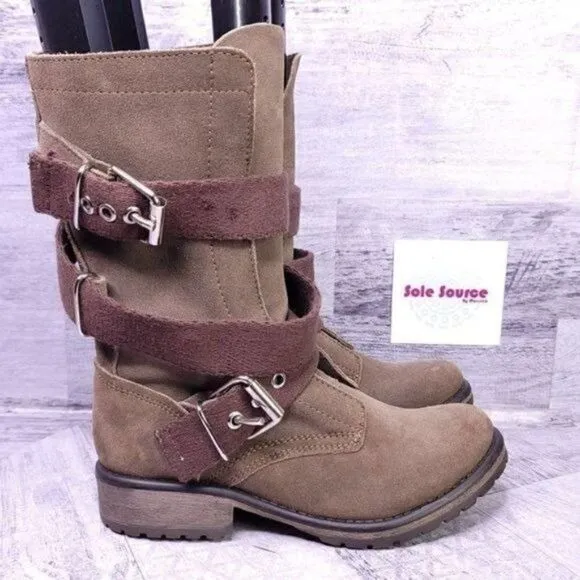 Steve Madden Burke Canvas Buckle Strap Suede Moto Boot Brown Women's sz 6.5