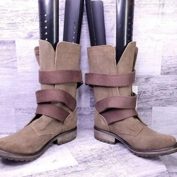 Steve Madden Burke Canvas Buckle Strap Suede Moto Boot Brown Women's sz 6.5