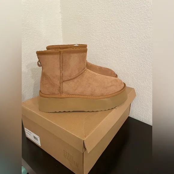 Steve Madden Fur Lined Ankle Boots Platform Heel Brown Chestnut Size 8 Womens