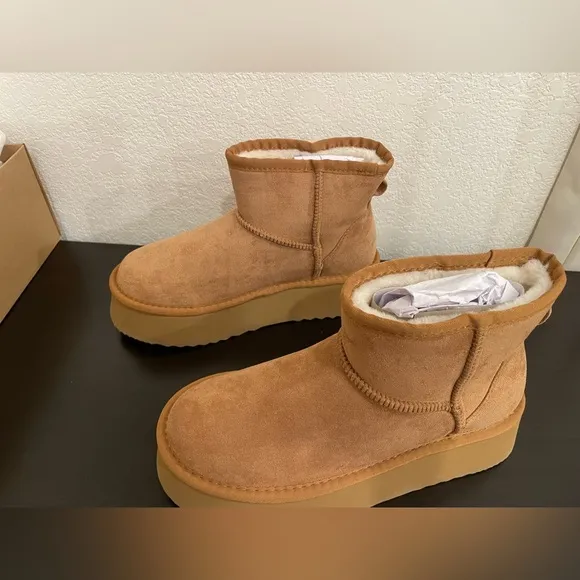 Steve Madden Fur Lined Ankle Boots Platform Heel Brown Chestnut Size 8 Womens
