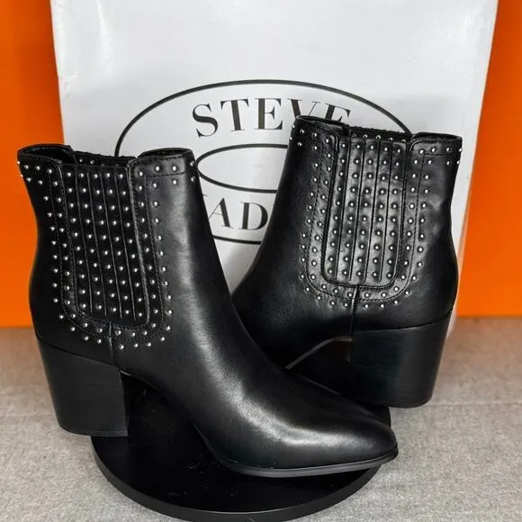 Steve Madden Jaclyn Stud  Heel Bootie Black Leather Size 8 EU 38.5 WITH BOX