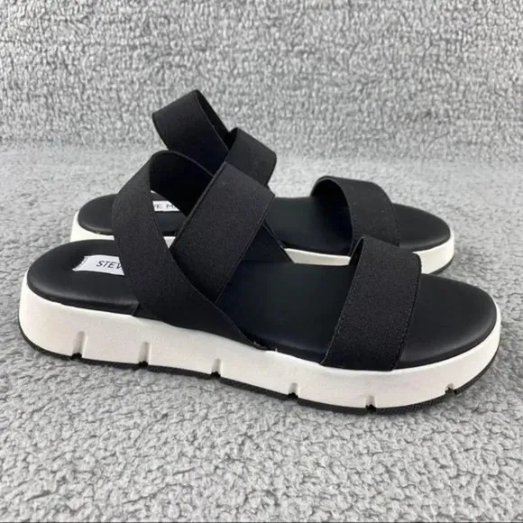 STEVE MADDEN GAVIA Sandals Womens 9 Strappy Black White Sling Back Elastic Strap
