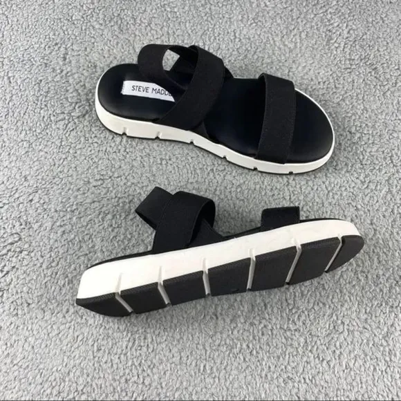STEVE MADDEN GAVIA Sandals Womens 9 Strappy Black White Sling Back Elastic Strap