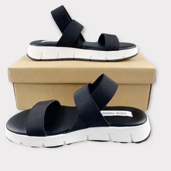 STEVE MADDEN GAVIA Sandals Womens 9 Strappy Black White Sling Back Elastic Strap