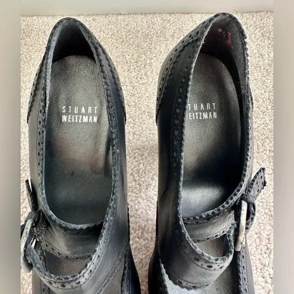 Stuart Weitzman Black Leather Heels Mary Jane Brogue - Size: 8.5