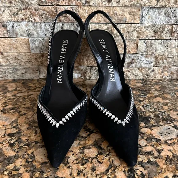 Stuart Weitzman Gemcut Xcurve 100 Slingback Pumps Women's 9.5B Black Pointed Toe