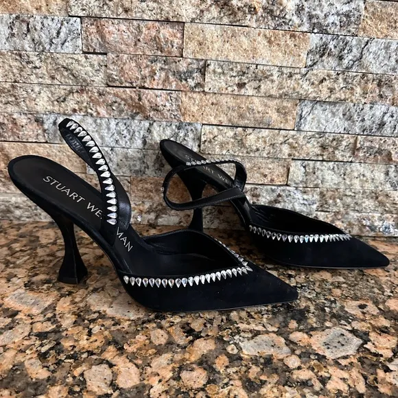 Stuart Weitzman Gemcut Xcurve 100 Slingback Pumps Women's 9.5B Black Pointed Toe