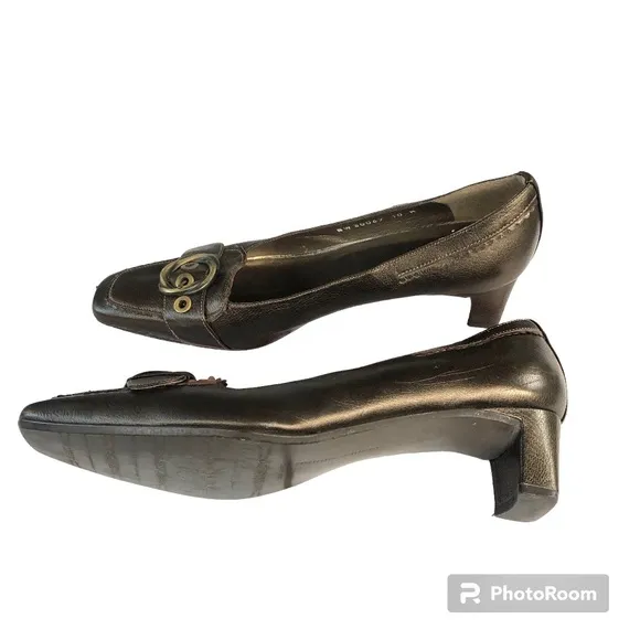 Stuart Weitzman Metallic Leather Buckle Detail Brown Shoes Heels Women’s