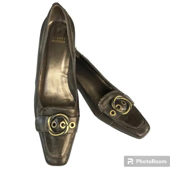 Stuart Weitzman Metallic Leather Buckle Detail Brown Shoes Heels Women’s
