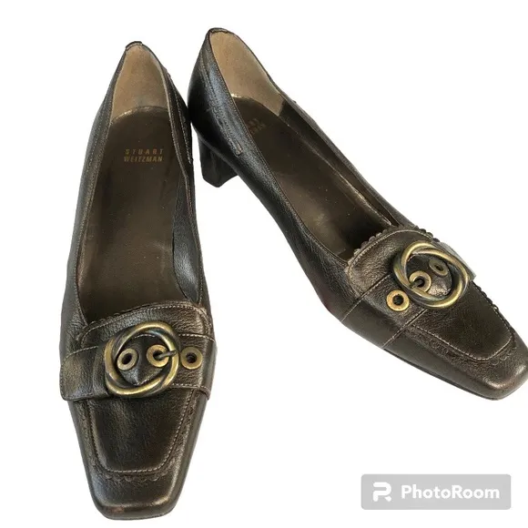 Stuart Weitzman Metallic Leather Buckle Detail Brown Shoes Heels Women’s