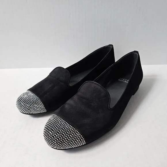 Stuart Weitzman Shoes Womens 8.5 Lingo Black Nubuck Smoking Loafers Silver Studs
