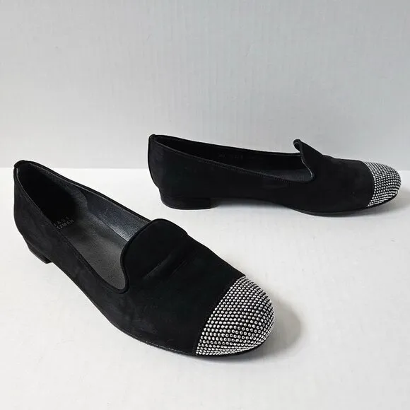 Stuart Weitzman Shoes Womens 8.5 Lingo Black Nubuck Smoking Loafers Silver Studs