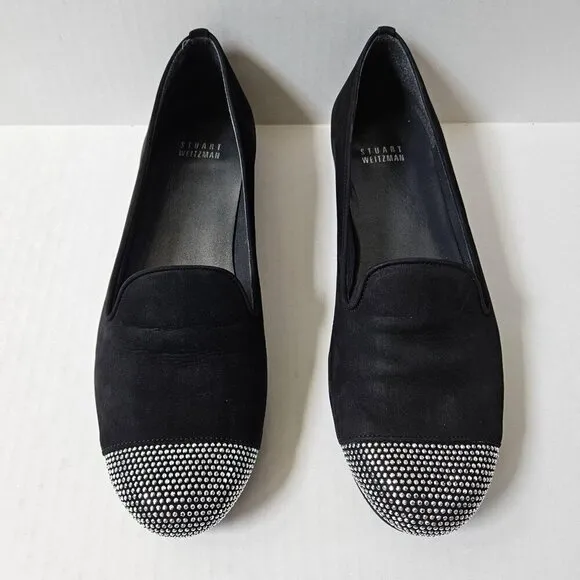 Stuart Weitzman Shoes Womens 8.5 Lingo Black Nubuck Smoking Loafers Silver Studs