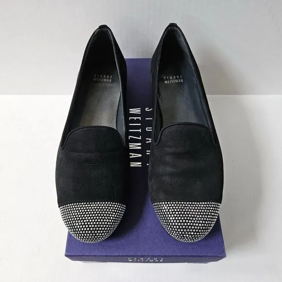 Stuart Weitzman Shoes Womens 8.5 Lingo Black Nubuck Smoking Loafers Silver Studs