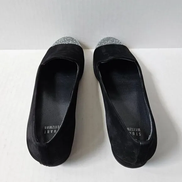 Stuart Weitzman Shoes Womens 8.5 Lingo Black Nubuck Smoking Loafers Silver Studs