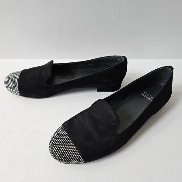 Stuart Weitzman Shoes Womens 8.5 Lingo Black Nubuck Smoking Loafers Silver Studs