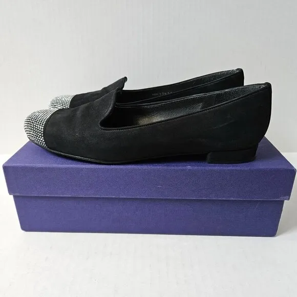 Stuart Weitzman Shoes Womens 8.5 Lingo Black Nubuck Smoking Loafers Silver Studs