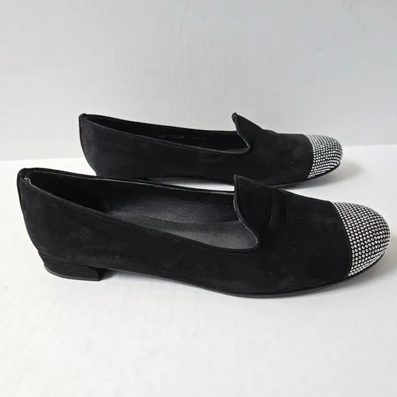 Stuart Weitzman Shoes Womens 8.5 Lingo Black Nubuck Smoking Loafers Silver Studs