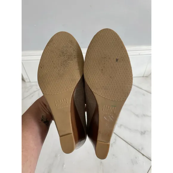 Stuart Weitzman Women’s Beige Peep Toe Canvas Wood Wedge Heels Size 11 EUC