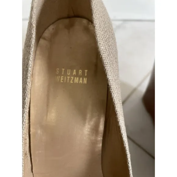 Stuart Weitzman Women’s Beige Peep Toe Canvas Wood Wedge Heels Size 11 EUC