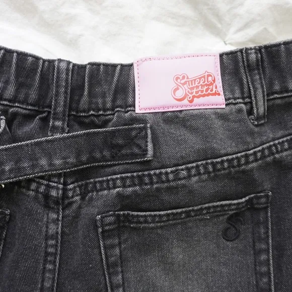 Sweet Stitch Black Wash Jeans Elastic Waist Barrel Fit Denim Pants Medium