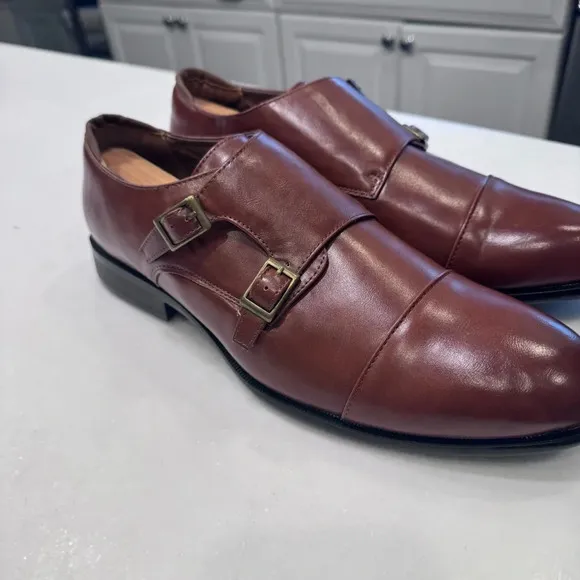 Tahari Men's Shoes Double Monk Strap Faux Vegan Leather Brown SZ 12 BRAND NEW