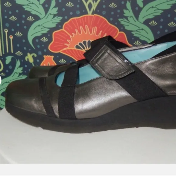 Thierry Rabotin Pewter Black Elastic Strap Mary Janes Wedge Shoes 40
