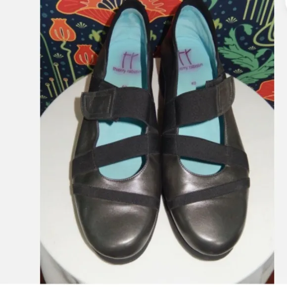 Thierry Rabotin Pewter Black Elastic Strap Mary Janes Wedge Shoes 40