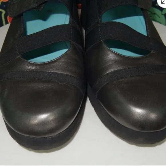 Thierry Rabotin Pewter Black Elastic Strap Mary Janes Wedge Shoes 40