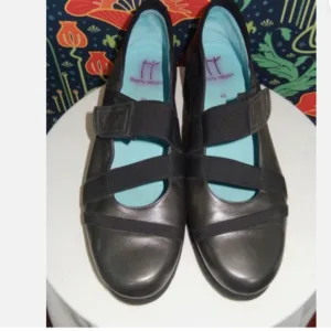 Thierry Rabotin Pewter Black Elastic Strap Mary Janes Wedge Shoes 40