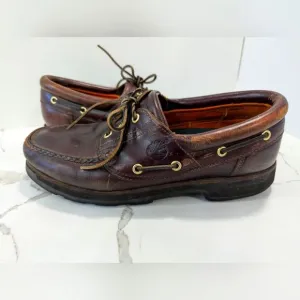 Timberland Men's leather brown Classic 3-Eye Boat deck shoes lug hand sewn 10
