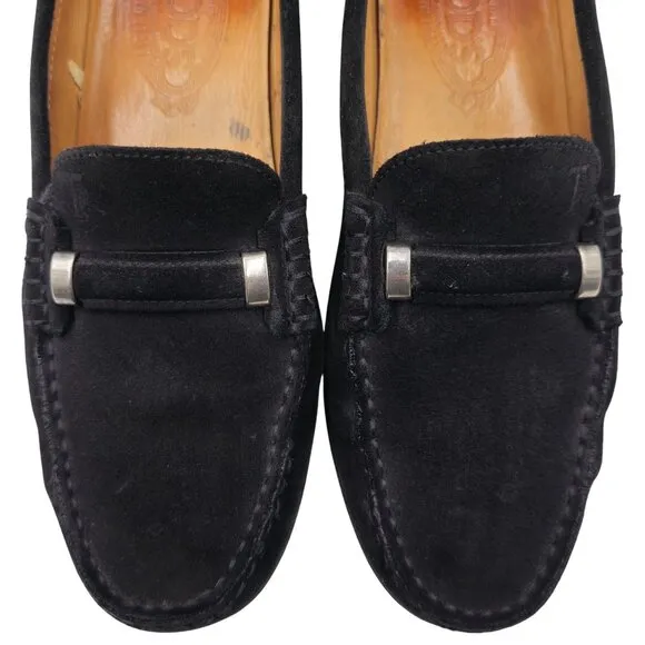 Tods Italy Womens Size 8 Black Suede Leather Dress Shoes Flats Loafers Slip-ons