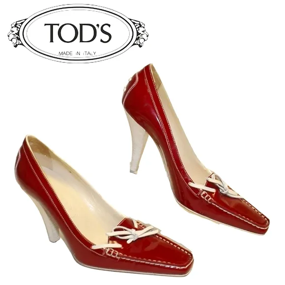 Tod's Womens Leather Square Toe Italy High Heeled Boat Shoes red 6