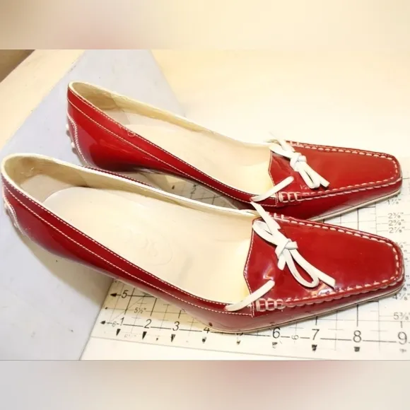 Tod's Womens Leather Square Toe Italy High Heeled Boat Shoes red 6