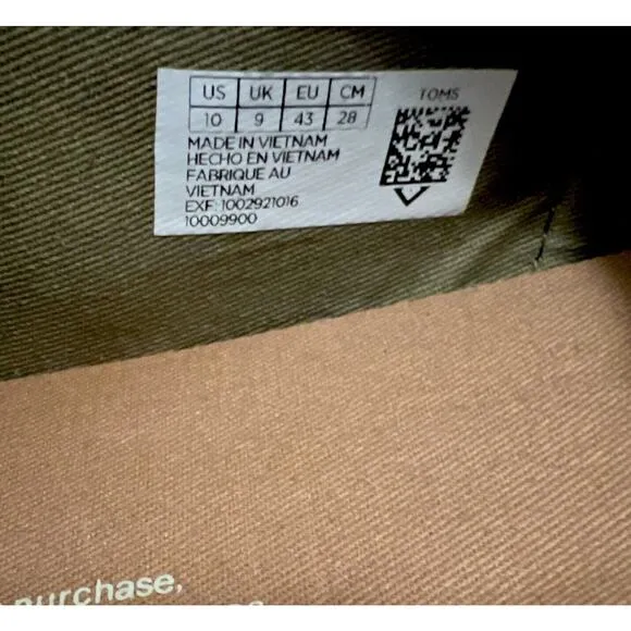 TOMS Shoes Men Size 10 Washed Canvas Trim Classic Olive Slip-On NWOT