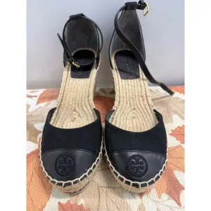Tory Burch Color Block Wedge Canvas Nappa Espadrille Black Size 8.5