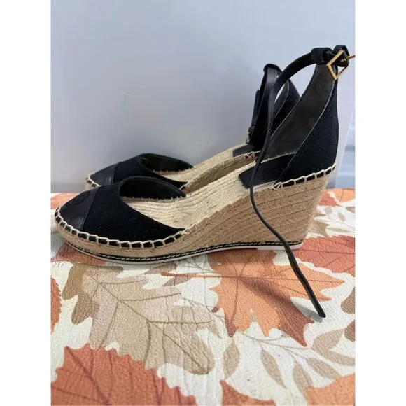Tory Burch Color Block Wedge Canvas Nappa Espadrille Black Size 8.5