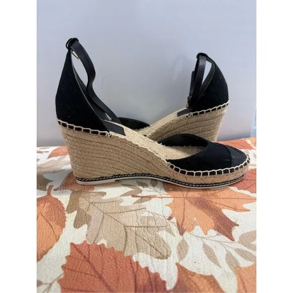 Tory Burch Color Block Wedge Canvas Nappa Espadrille Black Size 8.5