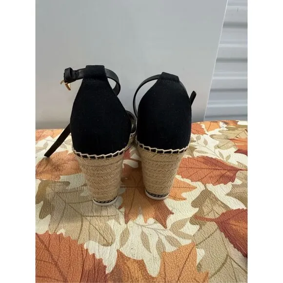 Tory Burch Color Block Wedge Canvas Nappa Espadrille Black Size 8.5