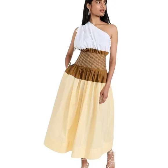 TORY BURCH Colorblock One Shoulder Dress Smocked Elastic Waist Pockets NWT Sz 0