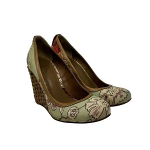 Tory Burch Floral Heels Size 8.5 Straw Woven Wedges Pale Green Multi Fabric