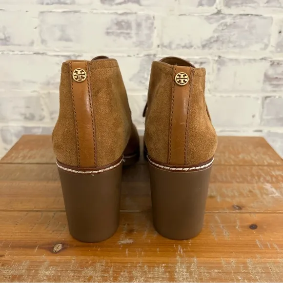 TORY BURCH Hilary Tan Suede Sheep Fur Lining Lace Up Heel Bootie Boot 9.5