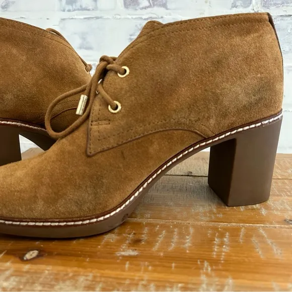 TORY BURCH Hilary Tan Suede Sheep Fur Lining Lace Up Heel Bootie Boot 9.5