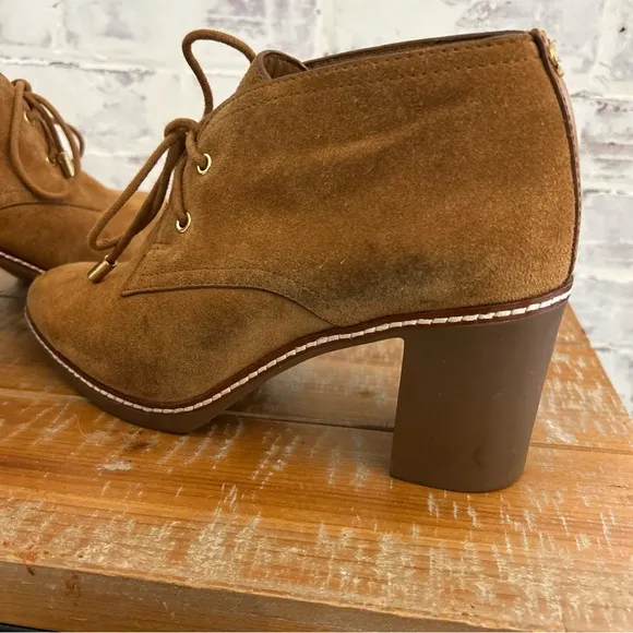 TORY BURCH Hilary Tan Suede Sheep Fur Lining Lace Up Heel Bootie Boot 9.5