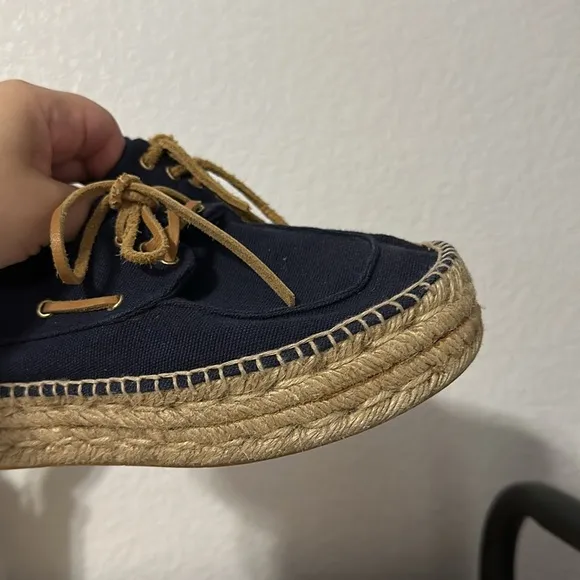 Tory Burch navy espadrille platform lace up Blanton boat shoes women size 7