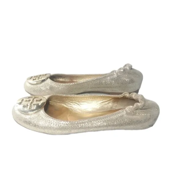 Tory Burch Reva Metallic Gold Ballet Flats Women's Size 5.5 Shoes Retail $225