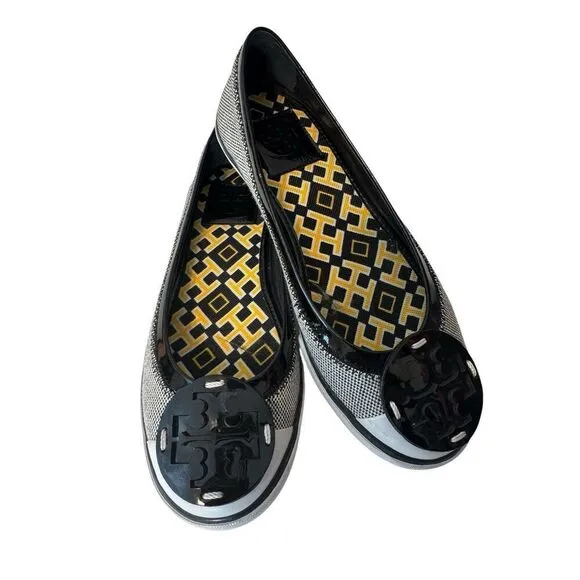 Tory Burch women Channing Reva Black And White Canvas Patent Leather shoes 7
